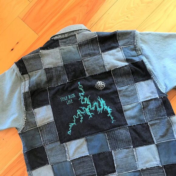 Table Rock Lake Map Patchwork Denim Jacket, Men M: Upcycled Handmade Distressed - Picture 8 of 10